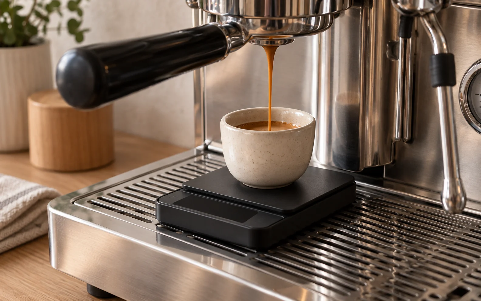 Espresso flowing into a cup on a digital scale