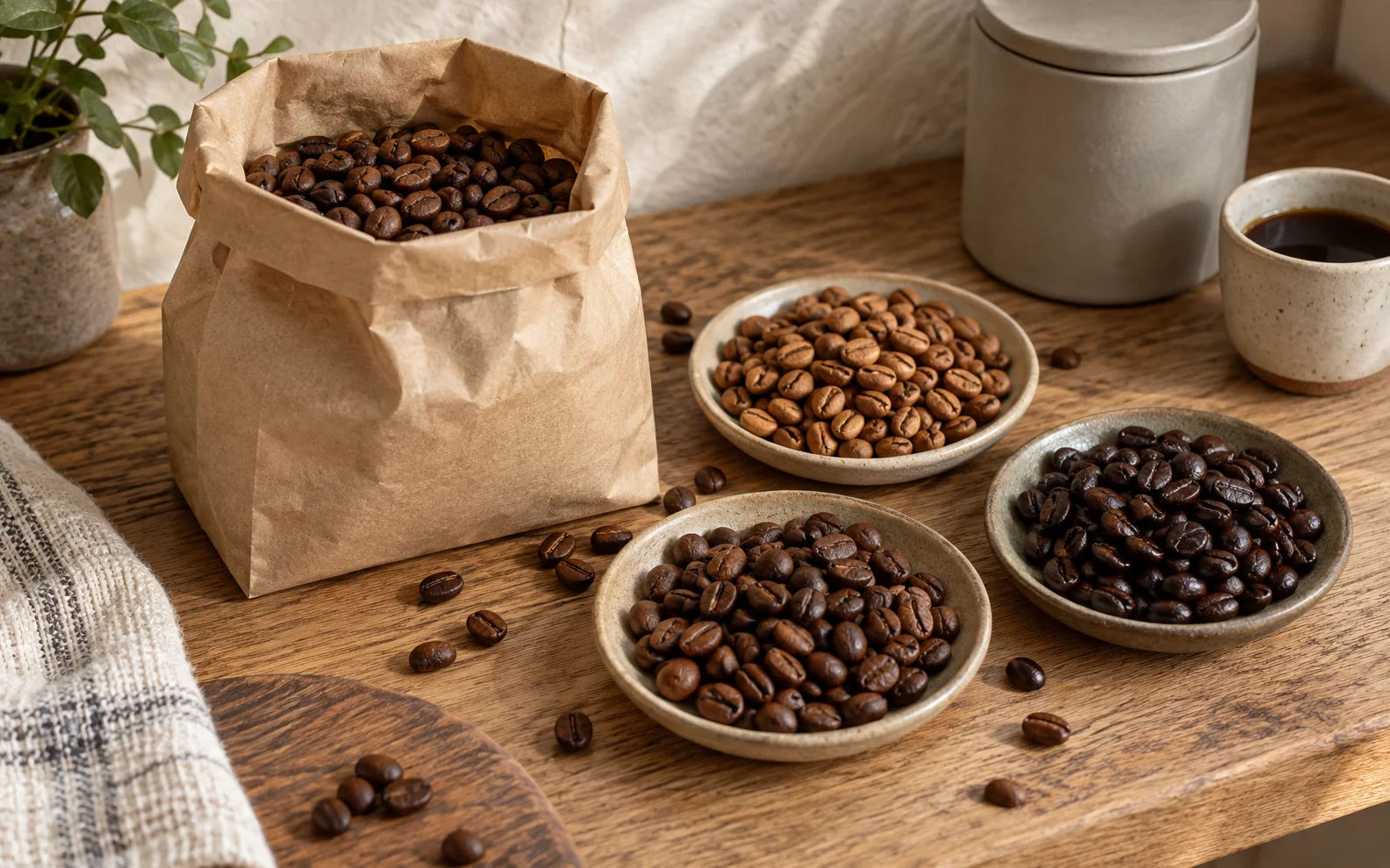 Coffee beans at different roast levels arranged on a wooden table