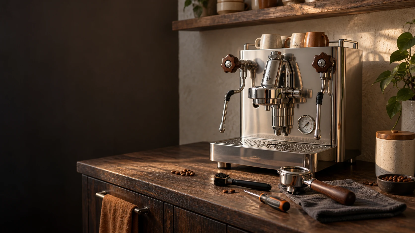 An unbranded stainless-steel espresso machine with cleaning tools on a wooden home workbench