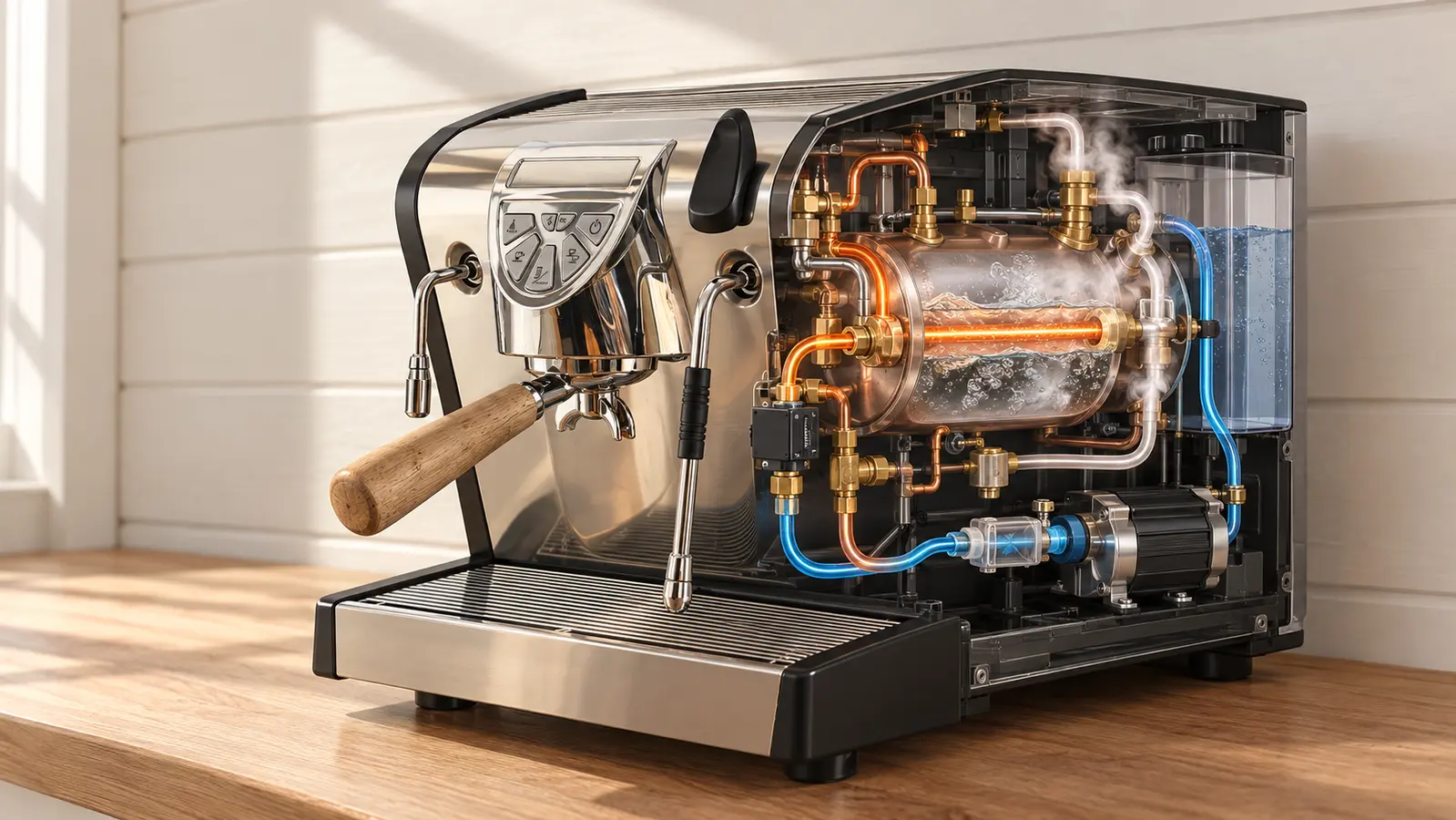 Illustrated cutaway of a Nuova Simonelli Musica showing one steam boiler, a separate heat-exchanger tube, pump, reservoir and distinct water paths