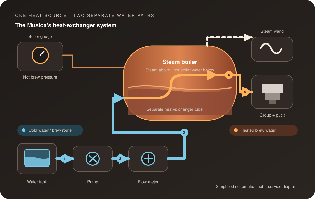 Simplified schematic of the separate brew-water and steam-boiler paths inside the Musica
