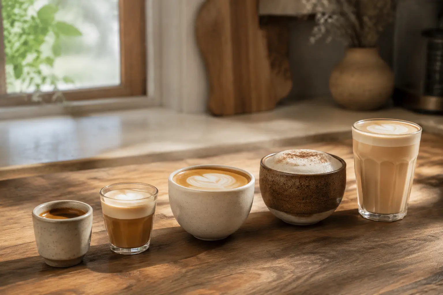 A lineup of coffee drinks from espresso to latte