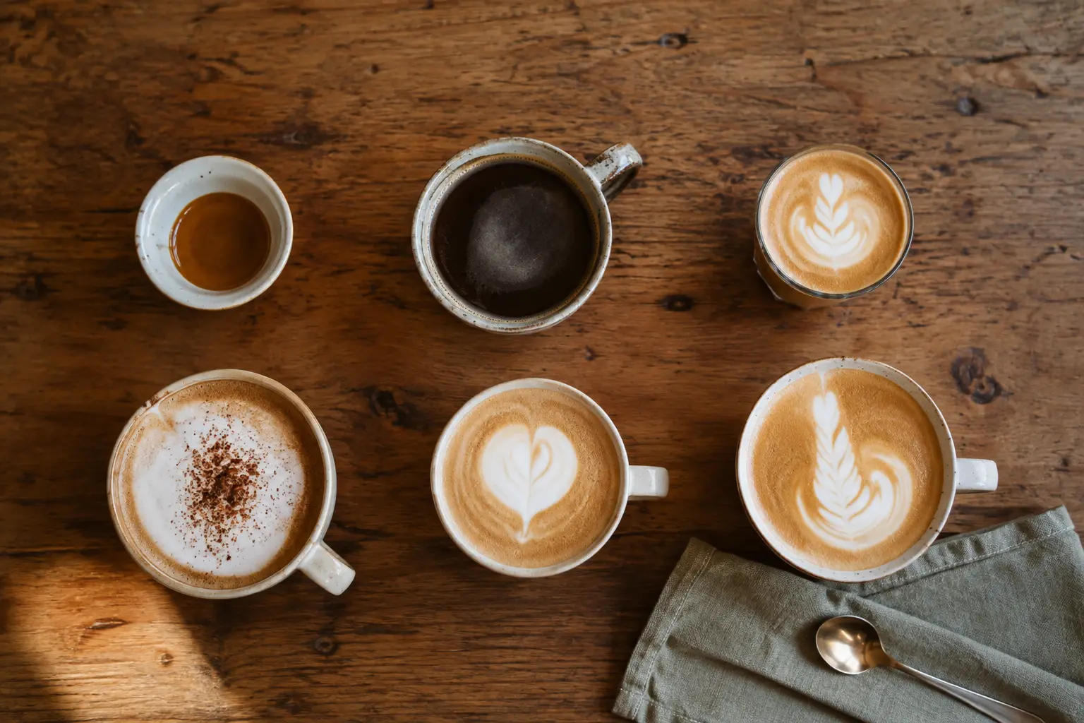 Six different coffee drinks seen from above