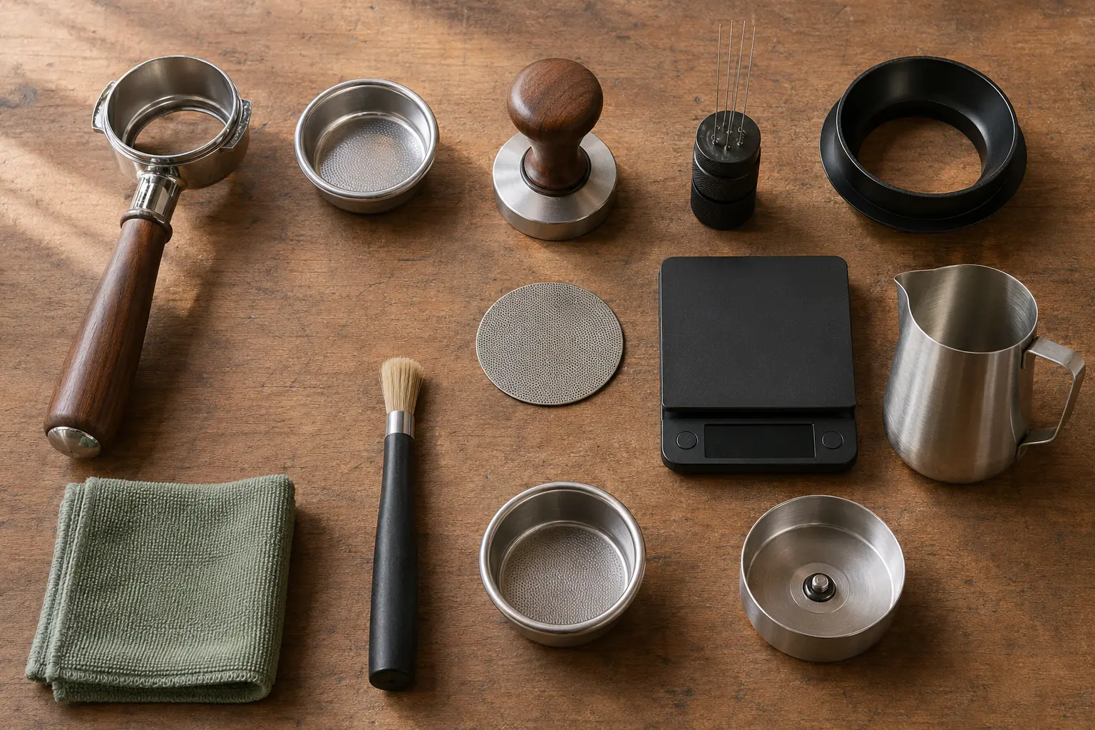Espresso accessories arranged on a wooden counter