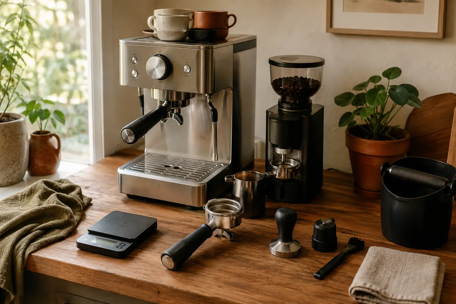 A complete home espresso station with machine, grinder and accessories