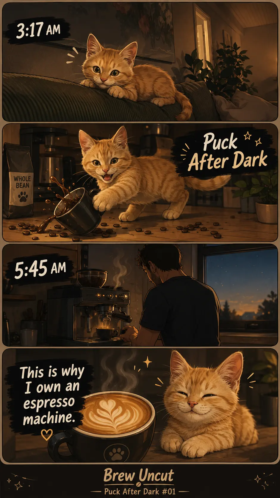 Four-panel Puck After Dark comic: Puck wakes at 3:17 AM, causes coffee chaos, and Nicolaj makes espresso at 5:45 AM
