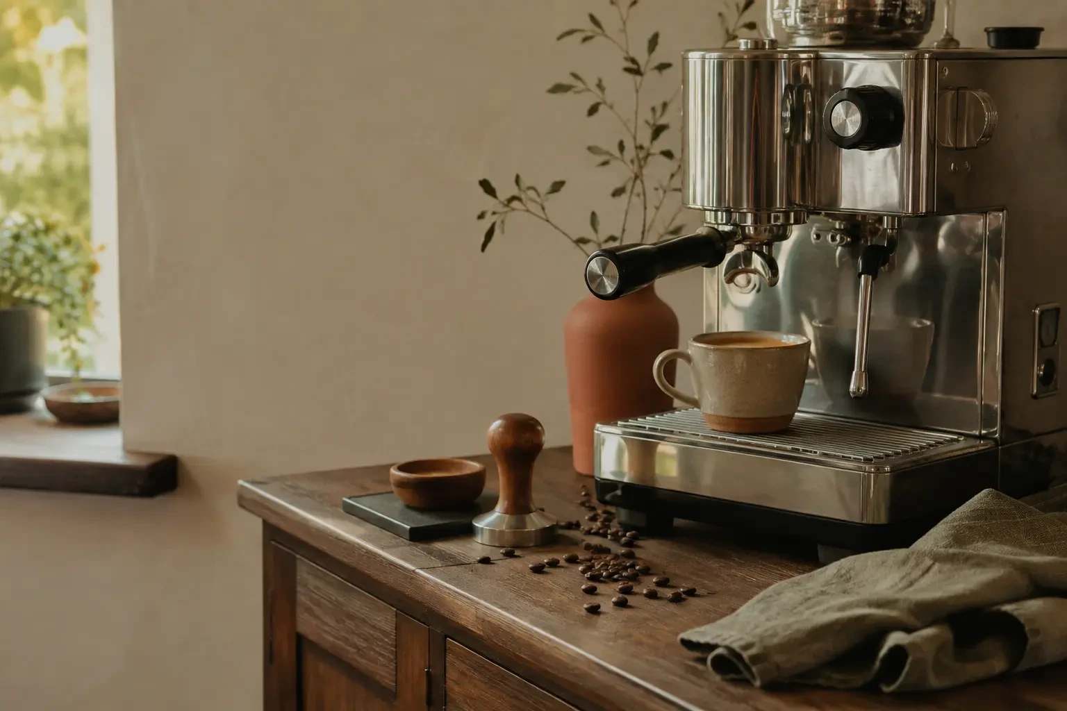 A warm Scandinavian home espresso corner