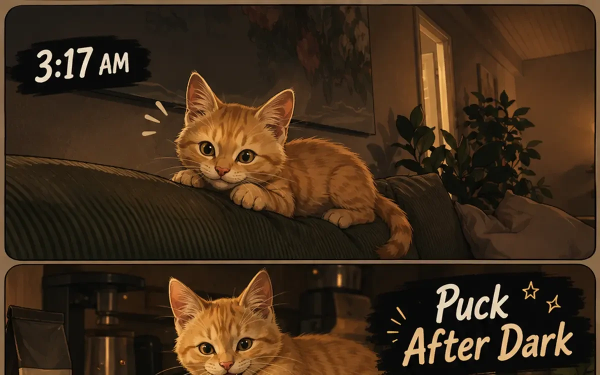 Two-panel Puck After Dark teaser with Puck at 3:17 AM and the story title