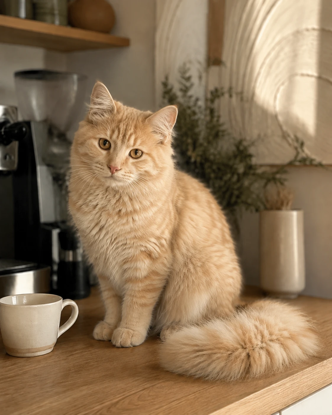 Young Puck with light cream-apricot fur and a full fluffy tail in a warm coffee setting