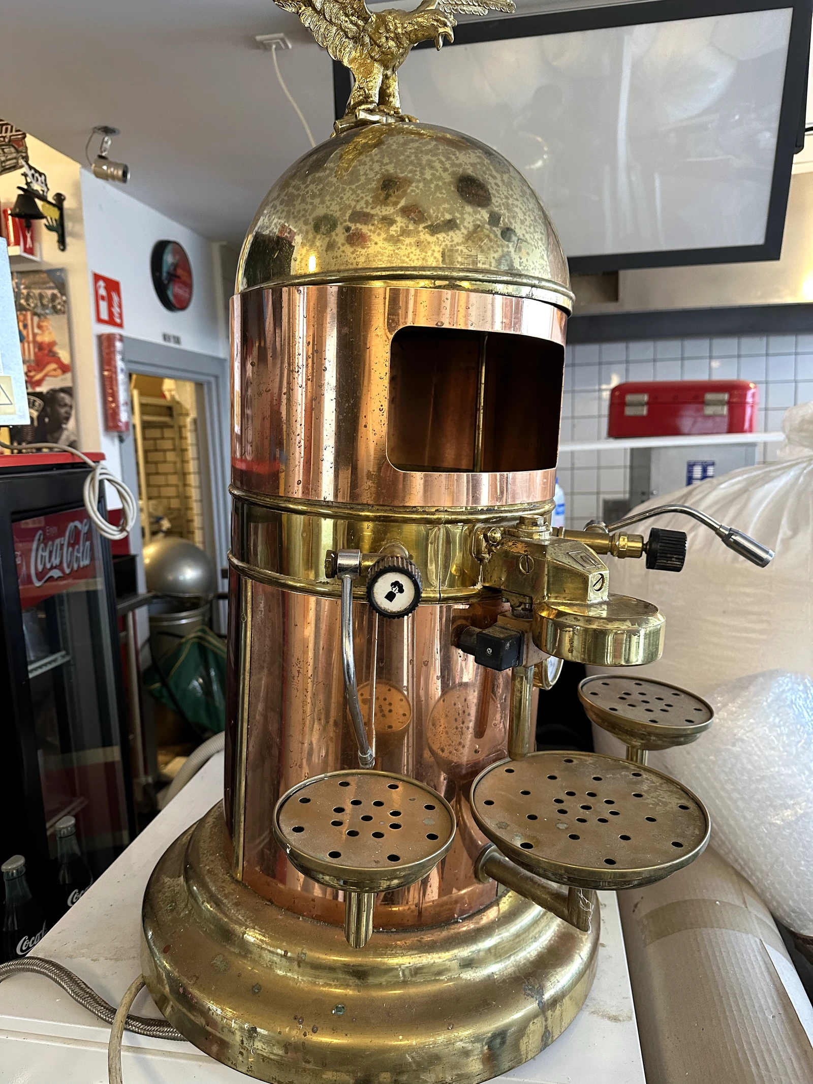 Nicolaj’s vintage copper-and-brass Brasilia espresso machine before restoration, photographed from the front