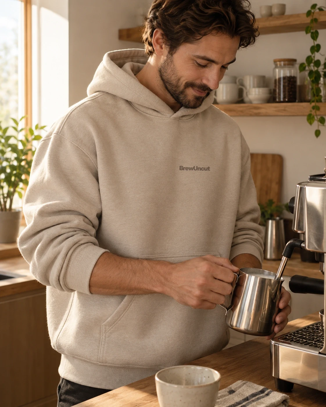 Barista wearing a natural Brew Uncut hoodie while steaming milk beside an espresso machine