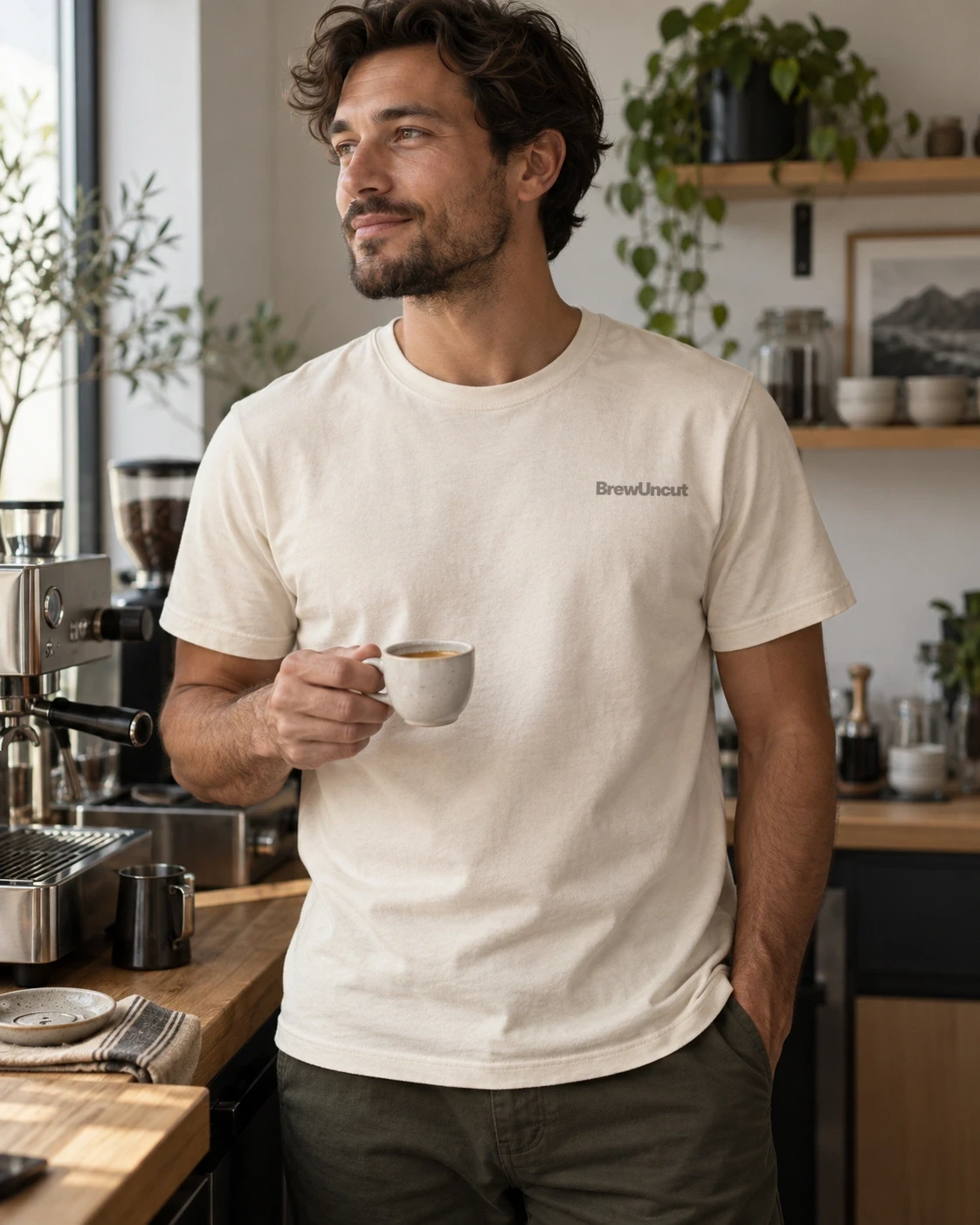 Barista wearing a natural Brew Uncut T-shirt while holding an espresso cup beside a machine
