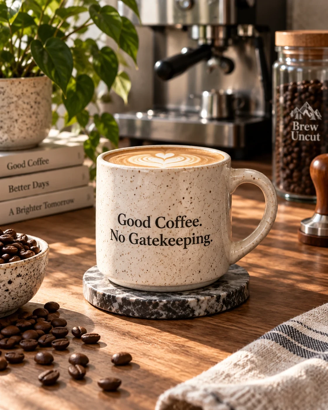 Speckled cream mug reading Good Coffee No Gatekeeping on an oak coffee bar