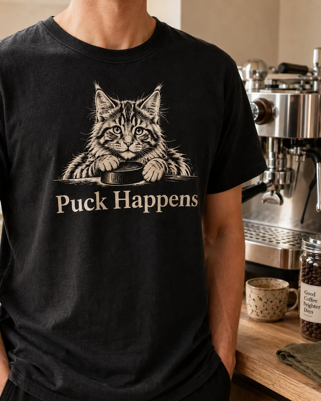 Puck Happens T-shirt worn in a warm home espresso setting