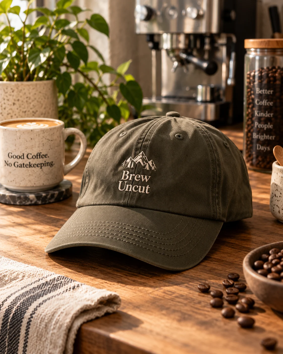 Faded olive Brew Uncut Classic Cap on a warm oak coffee bar