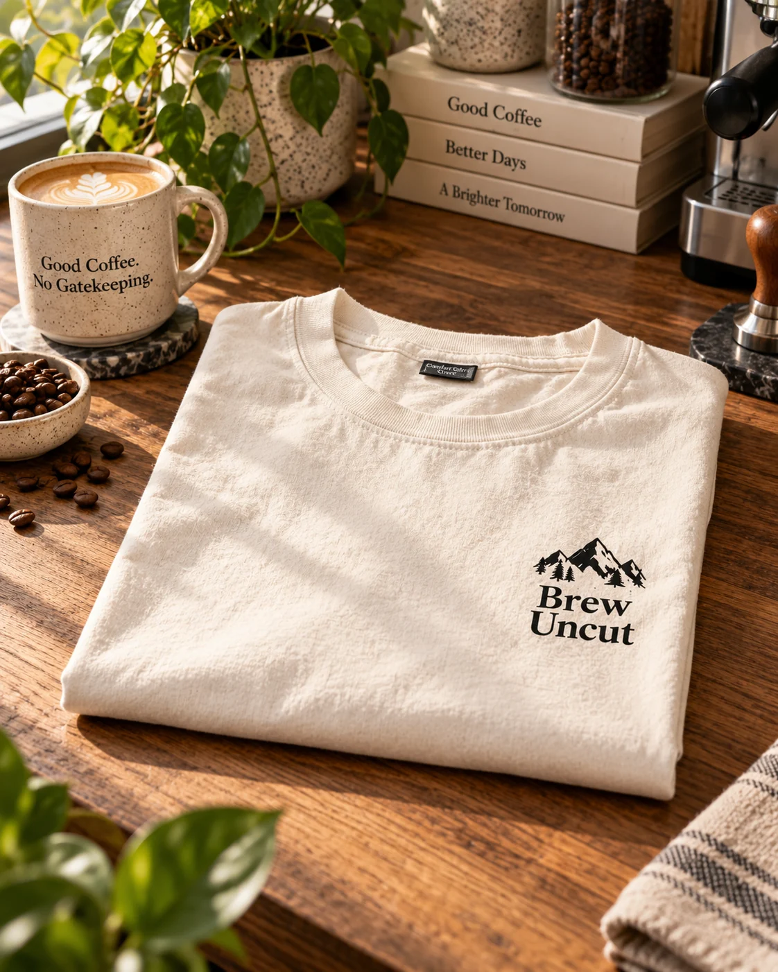 Warm natural Brew Uncut Essentials T-shirt folded on an oak coffee bar