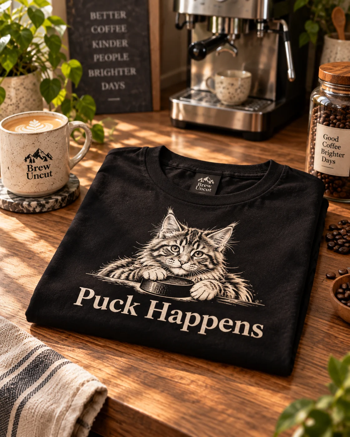 Folded washed-black Puck Happens T-shirt beside coffee beans and a stoneware cup