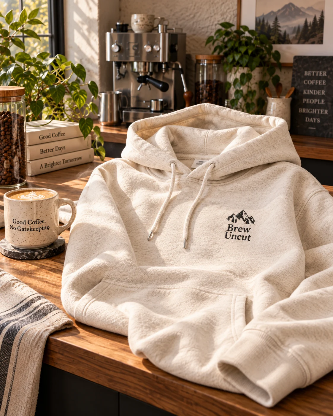 Warm natural Brew Uncut Signature Hoodie on an oak coffee bar